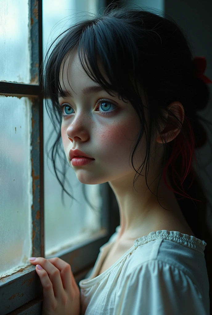 pretty teenager, blue colored eyes, freckles, black hair with red highlights, white  clothes, looking out the window of an orphanage 