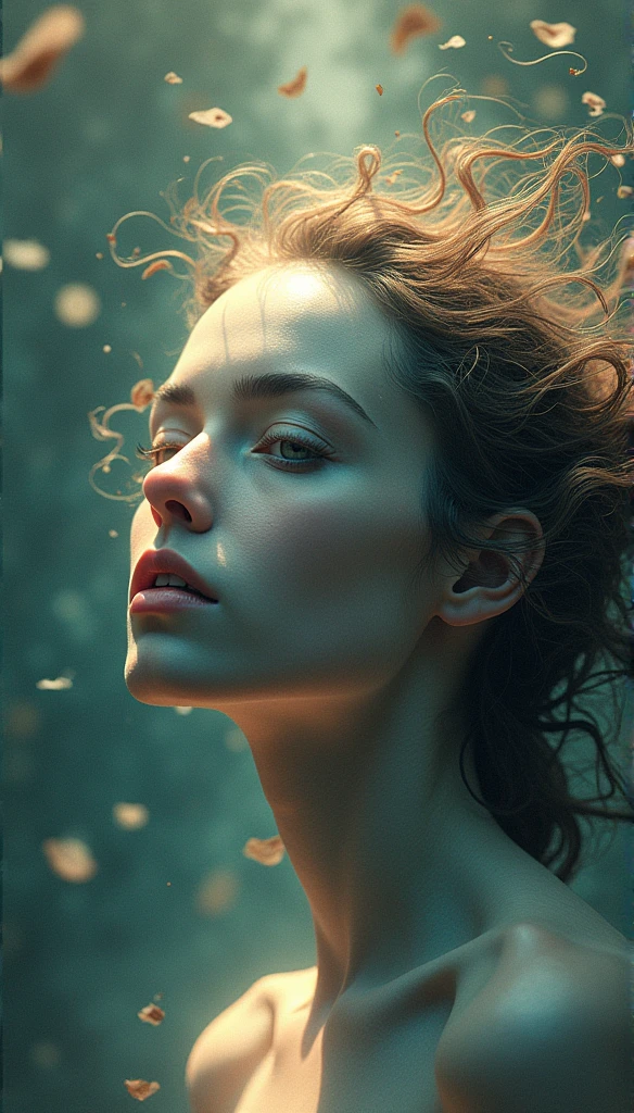 Create a surrealist digital art piece depicting a woman without eyes, with a theme inspired by Mercury retrograde. Incorporate a dispersion effect, glitch, and distortion elements to give the artwork a unique and special quality. The final piece should resemble a state-of-the-art NFT art."