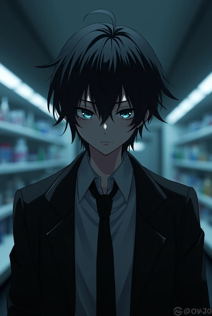 anime,black hair,male,Lab coat Black,tieDark circles around the eyes

