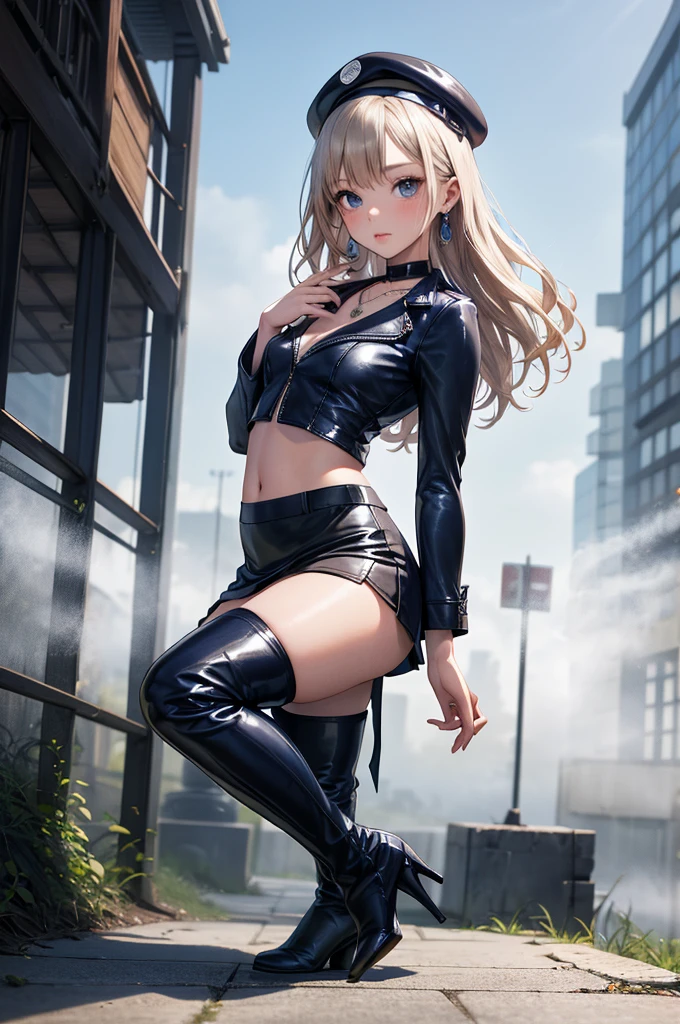 ((Biologically correct limb count, From head to toe,Full-body photo including face,4K,masterpiece,Focus on the face)),((Symmetrical facial features)),Eyes with detailed description,Beautiful woman,Great style,Beautiful arms,Beautiful legs,Beautiful Hands,(Small Ass,Thin thighs),Detailed depiction of the face,Small earrings,necklace,(Navy leather clothes,skirt((High heels,Thigh-high boots))),Fantastic photos,Shortcuts,Stand at an angle,Alluring,beret,(Outdoor,Tokyo in the early morning with thick fog;1.2)