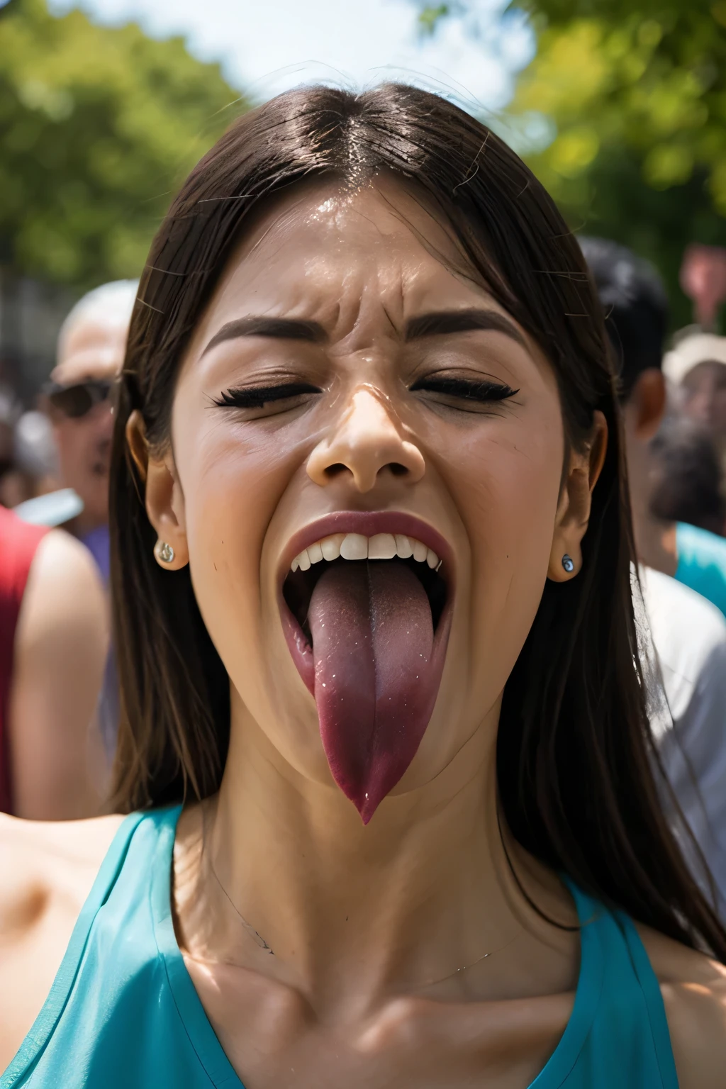 Flying debris,Award-winning photo, Very detailed, Edge Orgasm, Woman with open mouth and closed eyes , Sweaty skin、Lighting that highlights shiny sweat{{{Spread the word }}}, Black Hair、Browsing Caution,{{{{Crowd of elderly male spectators,Surrounded by men,}}}},(length, Narrow nostrils)、Raise your arms behind your head,(Sticking out a long tongue)