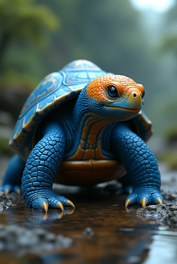 Blue-bodied tortoise turtle, with orange head and neck, PICTURE REALISTIC