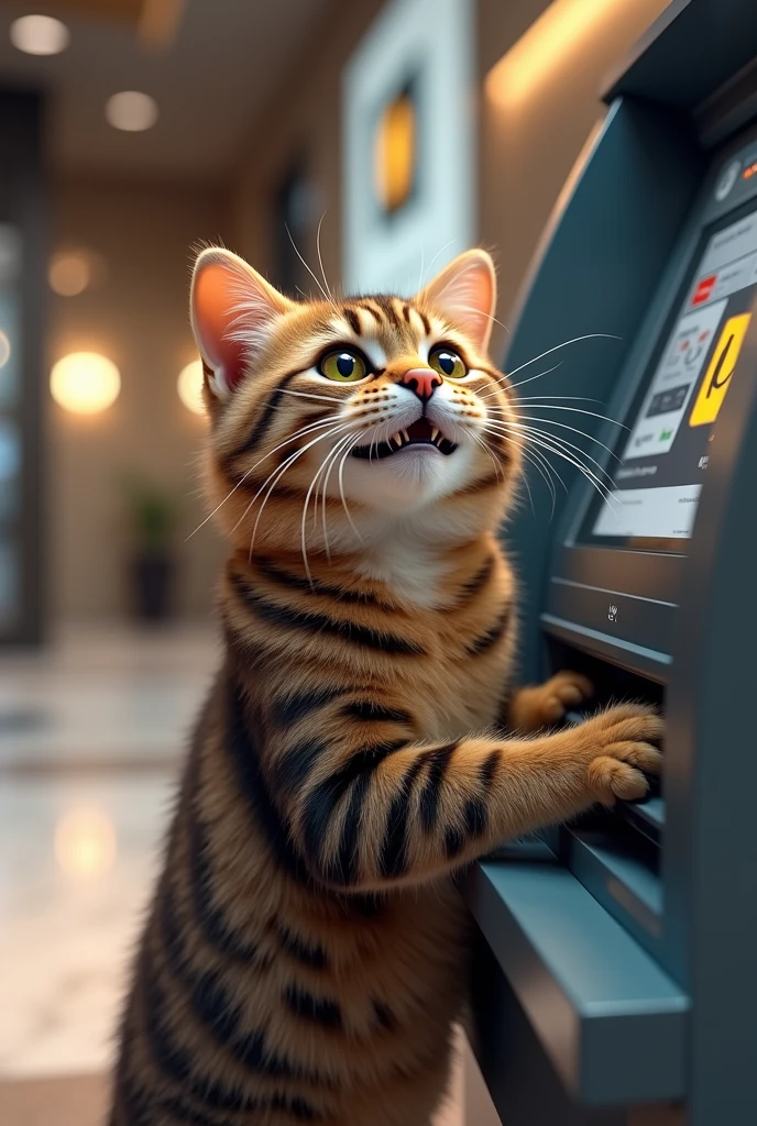 Generate me an ultra realistic adult tabby cat image. He is withdrawing money from a bank. He is very happy and excited !