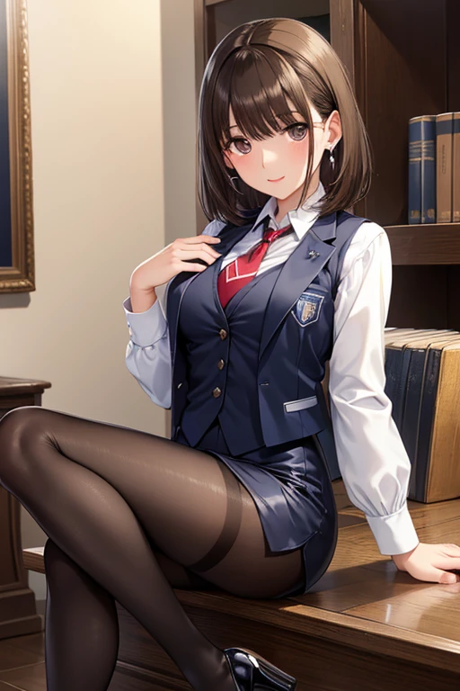 anegasaki nene、Shiny brown hair, short hair, (Beautiful brown eyes、Sparkling eyes, Fine grain)、smile、Ultra-detailed eyes、Highly detailed face, Highly detailed eyes,Cowboy Shot、



(masterpiece, Highest quality:1.2), nsfw,
#Basics A girl is posing for a photo, Cute anime, (((one person&#39;s, , young, ))), 
break 

#Clothing Accessories 
(Navy Blue Suit : (Suit jacket:1.2) + (Suit vest) + White blouse with a sense of cleanliness + Slim Pencil Skirt + Red tie), (See-through black pantyhose + Black high heels), 
(Silver Necklace, Silver earrings), 
break 
