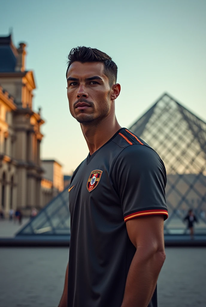 CRISTIANO RONALDO STANDING IN FRONT OF THE LOUVRE