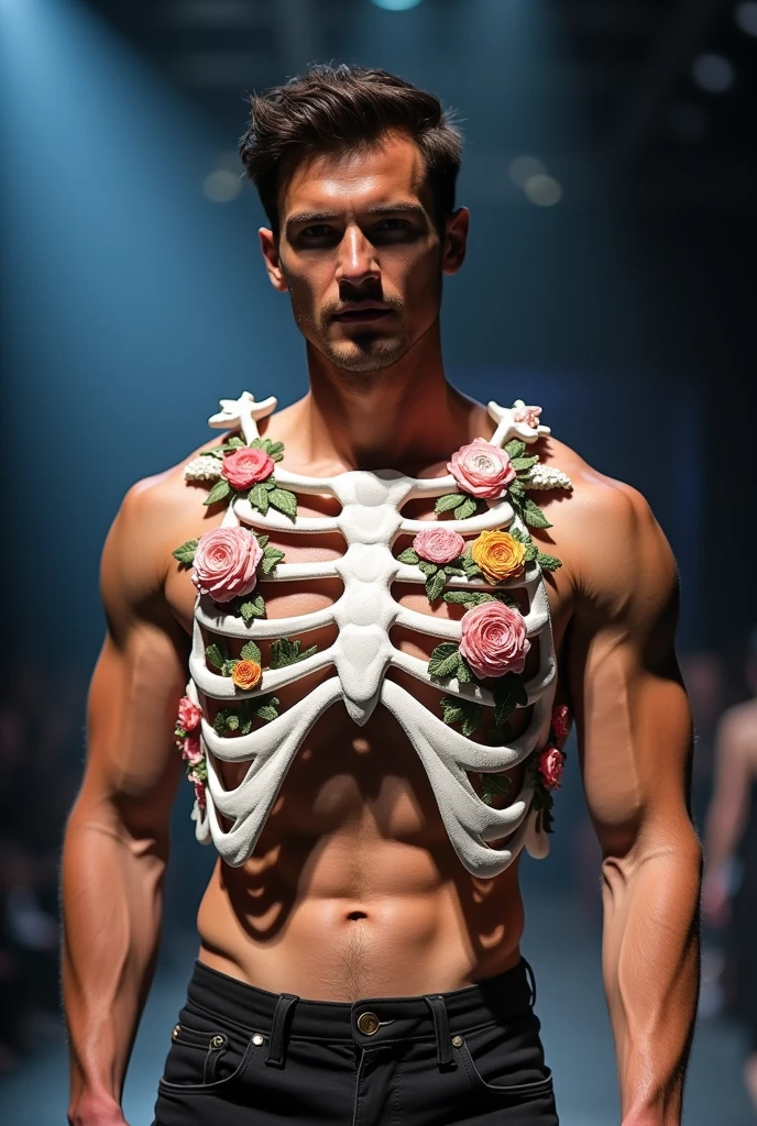 Rib cage vest fashion for men realistic for pageant, high fashion, floral, vest is worn outside shirt, not printed.