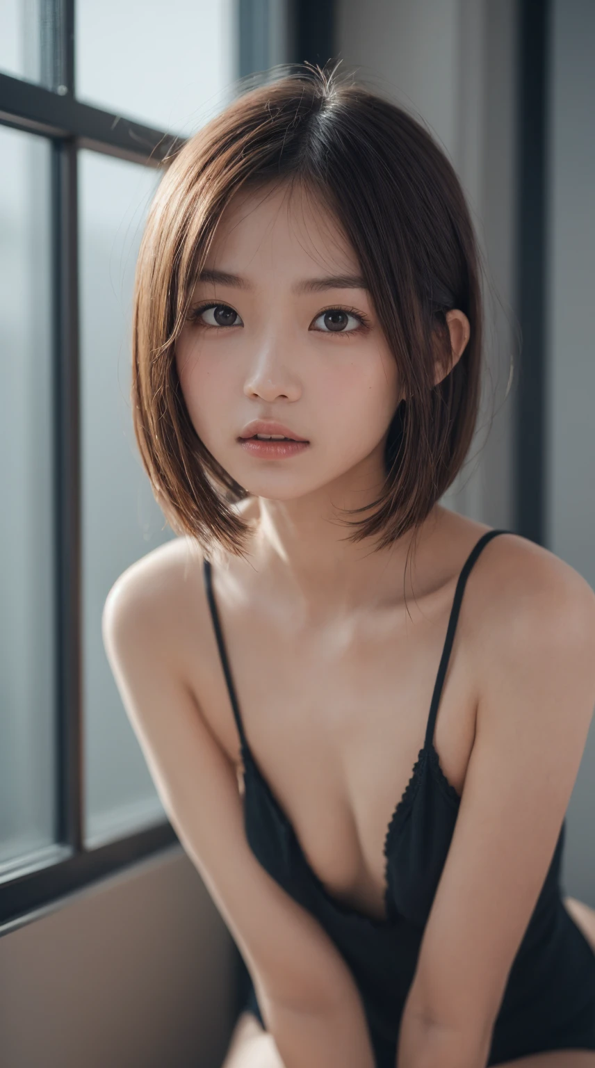 masterpiece, best quality, 8k, raw photo, absurdres, award winning portrait, break, 15yo, teen, solo, short hair, breasts, beautiful (well-shaped) breasts, night, neon, idol face, violaceaess, gardeniass, delicate girl, upper body, DSLR, looking at viewer, candid, sophisticated, youthful, thin arms, Best sexual lighting powered by famous artist, film grain, chromatic aberration, (detailed eyes and face:1.0), (bokeh:1.1)