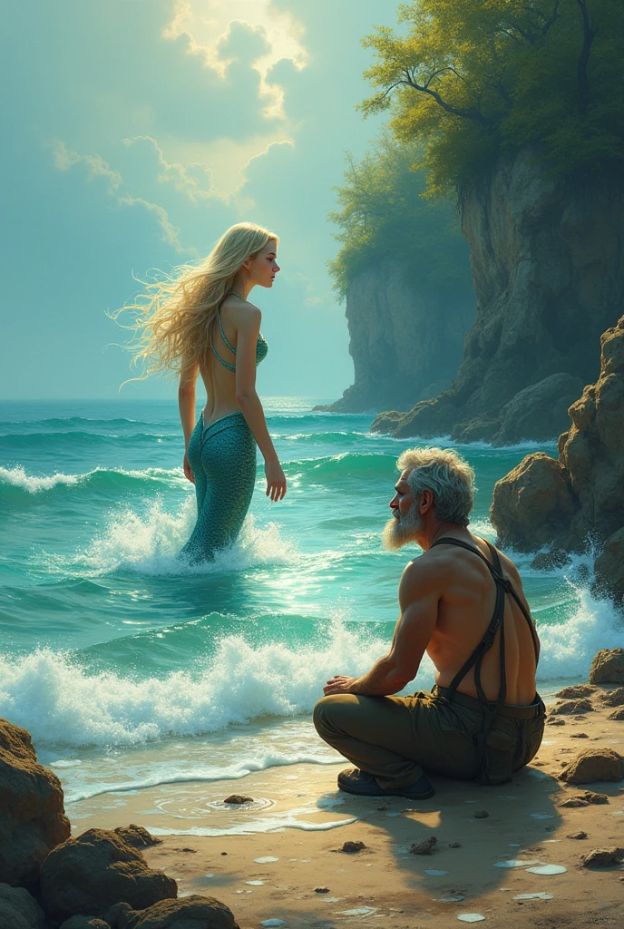 create an illustration of a fisherman kneeling on the shore of a sea looking at a mermaid who is in the sea with only her head out of the water calling him to enter the sea with her
