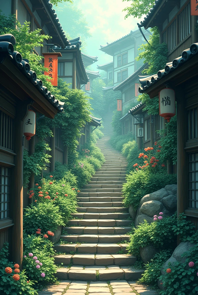 a painting of stairs leading up to the way, flowers, hanging flowers, japanese banners, japanese signs, roses, makoto shinkai. high detail, overgrowth. by makoto shinkai, by makoto shinkai, by Makoto Shinkai, anime. by makoto shinkai, style of makoto shinkai, 4k hd,, beautiful art uhd 4 k, a beautiful artwork illustration, beautiful digital painting, highly detailed digital painting, beautiful digital artwork, detailed painting 4 k, very detailed digital painting, rich picturesque colors, gorgeous digital painting