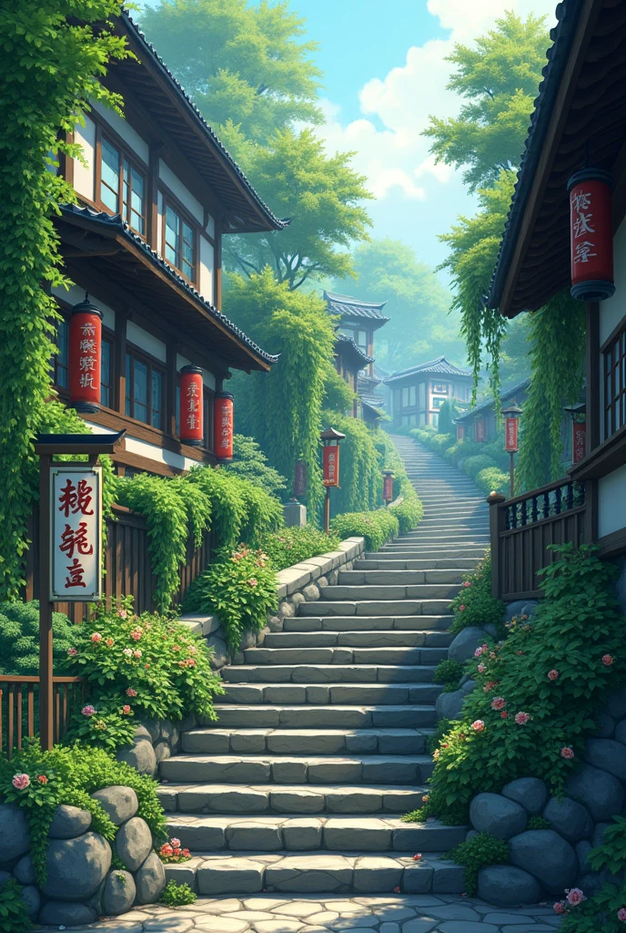 a painting of stairs leading up to the way, flowers, hanging flowers, japanese banners, japanese signs, roses, makoto shinkai. high detail, overgrowth. by makoto shinkai, by makoto shinkai, by Makoto Shinkai, anime. by makoto shinkai, style of makoto shinkai, 4k hd,, beautiful art uhd 4 k, a beautiful artwork illustration, beautiful digital painting, highly detailed digital painting, beautiful digital artwork, detailed painting 4 k, very detailed digital painting, rich picturesque colors, gorgeous digital painting