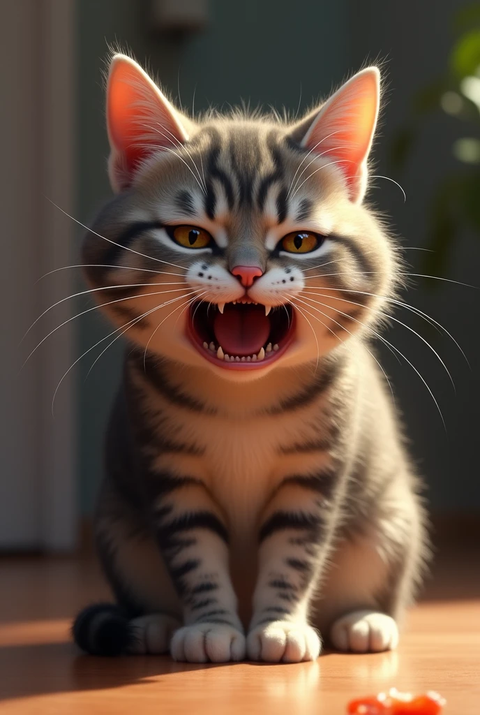 generate a somewhat realistic image of a cat making a face of disgust after smelling an object