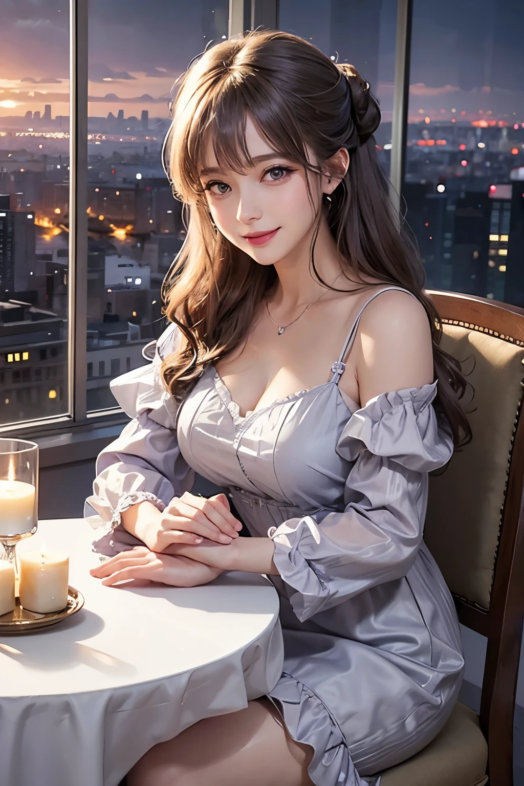 Adult women in lavender and light grey dress with ruffled sleeves, while sitting at a candlelit dinner table, smiling warmly with a gentle gaze, with a city skyline visible through the large windows behind her, in digital illustration, clean line art in anime inspired style