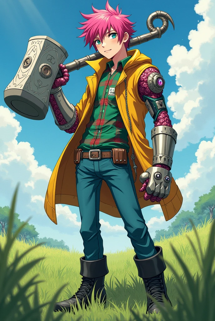 A light-skinned male ager with hot pink hair is wearing a bear hat. He has heterochromia. His right eye is blue and his left eye is green. He is wearing a green and red plaid shirt, an open yellow jacket, blue jeans, and black latex boots. On his right arm, he has a huge gauntlet made of flesh and bone. It has an eye right in the center. It is larger than his own hand on his normal arm. On his right arm, there is a prosthesis that is holding a huge, bizarre hammer. The hammer is made of silver and has rune details that is larger than his own body. He is in a field. The image has to be in anime.