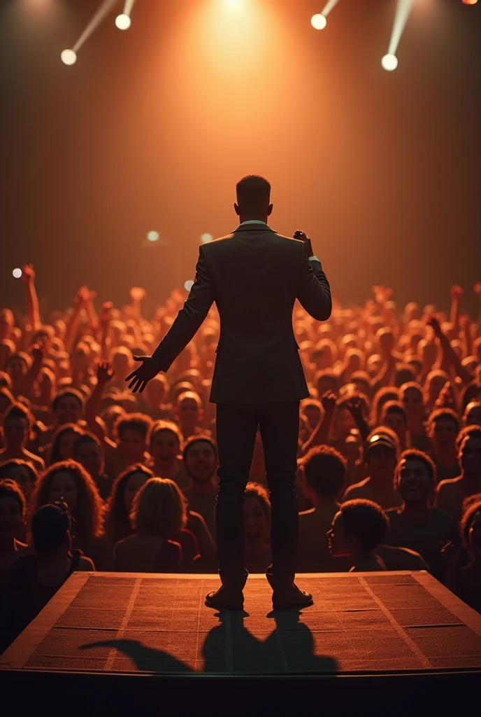 A foreign black male soul singer singing in front of a large crowd