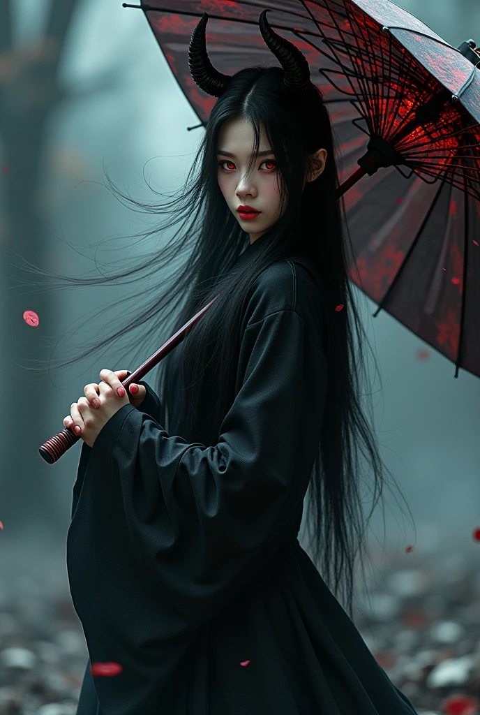 A weapon umbrella、Long black hair、Red Eyes、Devil girl in black Hanfu