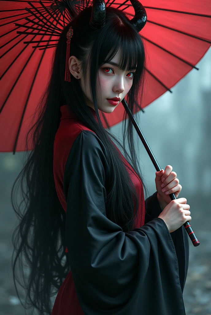 A weapon umbrella、Long black hair、Red Eyes、Devil girl in black Hanfu