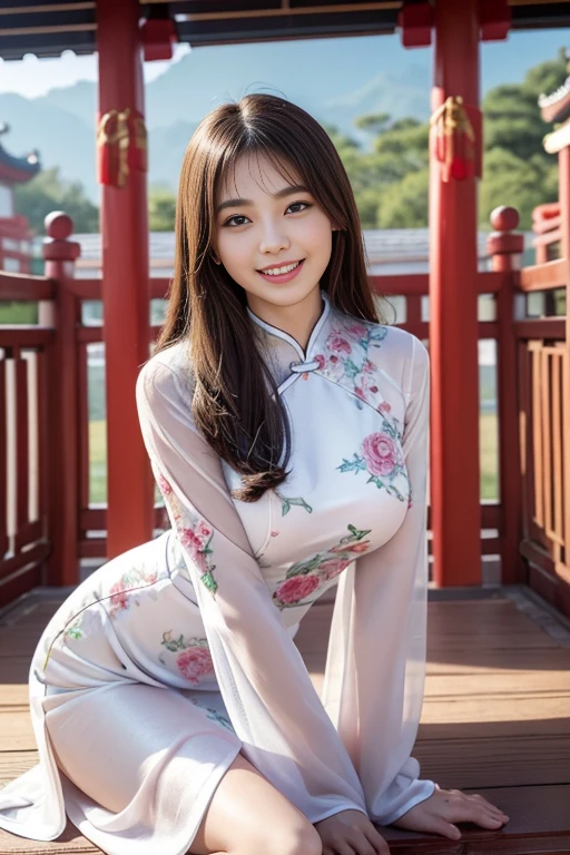 Fair skin,8k,Ultra-high resolution,Super detailed,Highest quality,Look at the viewers、Perfect lighting,flat light,super high quality,Ultra-high resolution,masterpiece,Realistic,Detailed face,Perfect Anatomy,Slender body、Young face、smile、Sweating、Flushed Cheeks、chinese shrine、Clear winter weather、((chinese garment))、((Tight Chinese dress))、Nice and cute, An innocent smile, , A lovely smile, (A big bust that seems to burst:1.20),(Beautiful Big 1:1)、Beautiful Eyes、Please show me your whole body、Beautiful legs visible from the slit、カンフーのポーズ