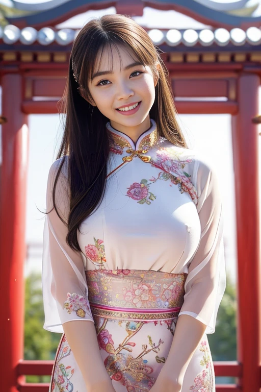 Fair skin,8k,Ultra-high resolution,Super detailed,Highest quality,Look at the viewers、Perfect lighting,flat light,super high quality,Ultra-high resolution,masterpiece,Realistic,Detailed face,Perfect Anatomy,Slender body、Young face、smile、Sweating、Flushed Cheeks、chinese shrine、Clear winter weather、((chinese garment))、((Tight Chinese dress))、Nice and cute, An innocent smile, , A lovely smile, (A big bust that seems to burst:1.20),(Beautiful Big 1:1)、Beautiful Eyes、Please show me your whole body、Beautiful legs visible from the slit、カンフーのポーズ