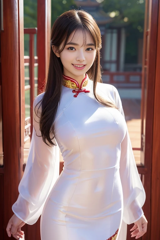 Fair skin,8k,Ultra-high resolution,Super detailed,Highest quality,Look at the viewers、Perfect lighting,flat light,super high quality,Ultra-high resolution,masterpiece,Realistic,Detailed face,Perfect Anatomy,Slender body、Young face、smile、Sweating、Flushed Cheeks、chinese shrine、Clear winter weather、((chinese garment))、((Tight Chinese dress))、Nice and cute, An innocent smile, , A lovely smile, (A big bust that seems to burst:1.20),(Beautiful Big 1:1)、Beautiful Eyes、Please show me your whole body、Beautiful legs visible from the slit、カンフーのポーズ
