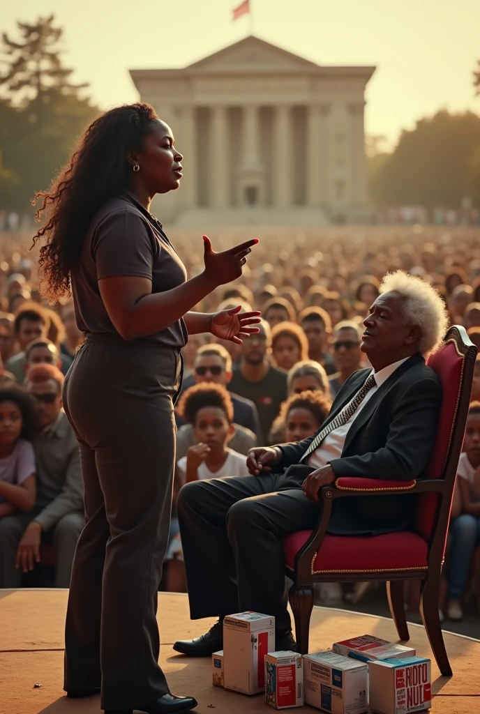 Create a scenario where a fifty-year-old black woman with loose hair is holding a rally for young people and behind this woman who is speaking is a very old man in a suit with white hair sitting in a chair looking very tired and on the floor near him there are some boxes of medicine. I want a panoramic view of the image so that I can see everything in a single plane with the image facing the woman and the man taking the bills from the audience. 