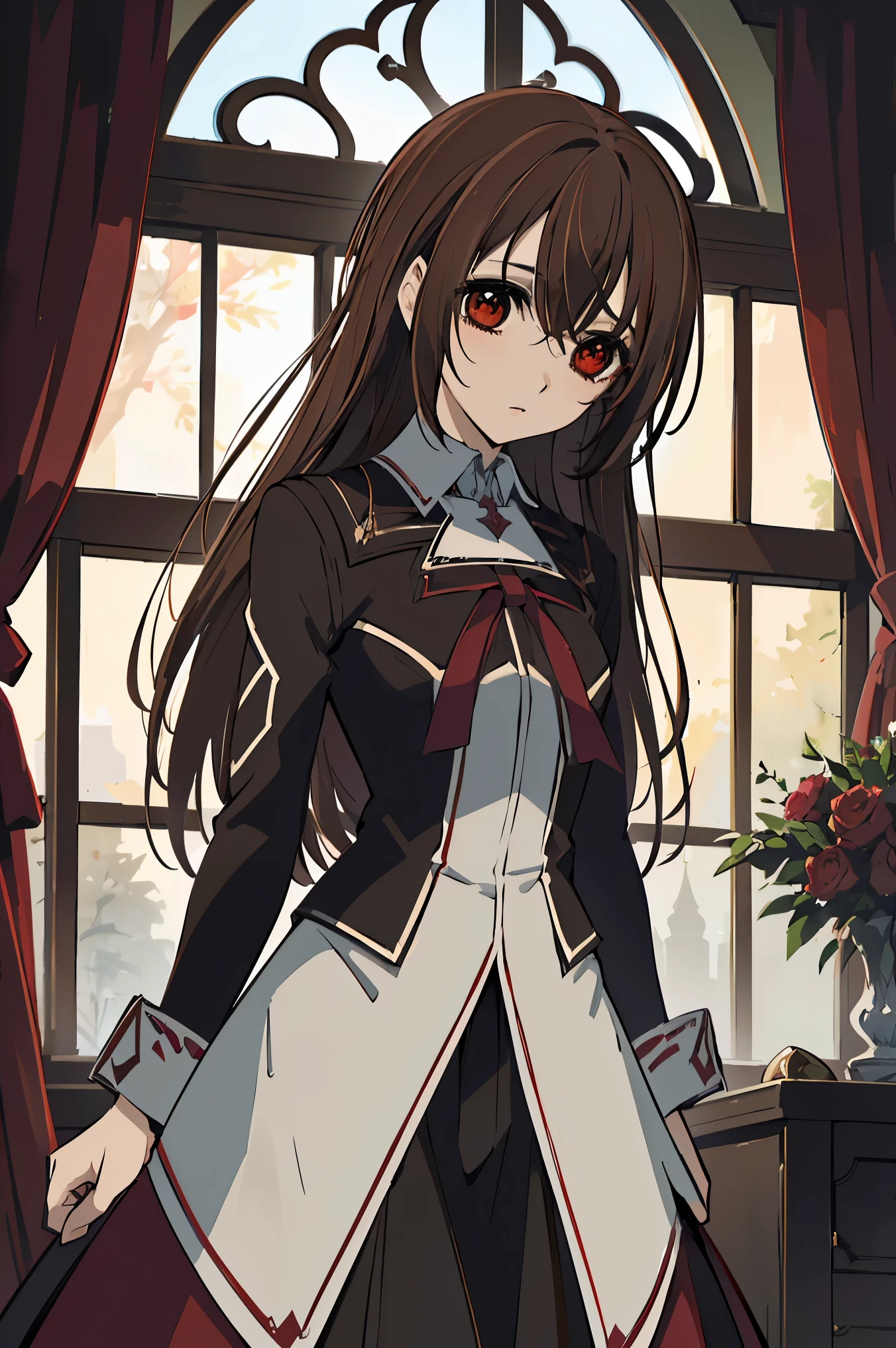 (absurdres, highres, ultra detailed, HDR), masterpiece, best quality, Yuki Cross, 1woman, solo, beautiful, (long brown hair), vibrant red eyes, finely eye and detailed face, window, red curtains, black uniform, vampire knight, arms behind back, solid crimson background, 