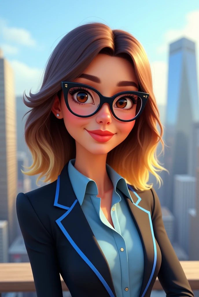 Woman, Pixar-style,with business attire with blue detail, brown hair with blonde highlights to the shoulder, brown eyes with black cat eye glasses ,Fundo Com predios .