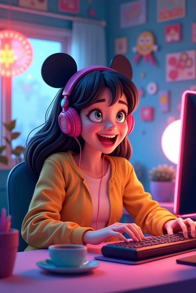 Game setup with female gamer playing and laughing, Disney art