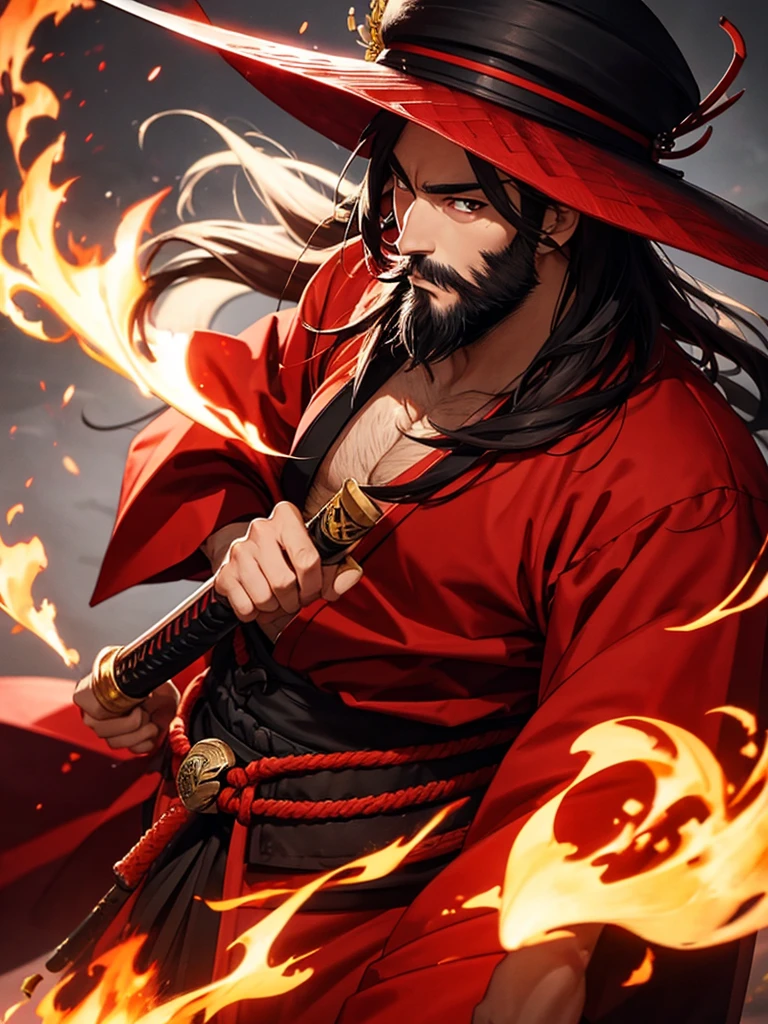 Male samurai with large straw hat , red outfit , red eyes, katana , fire , long hair , vagabond , beard