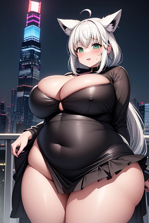 A woman in a black and white outfit is posing on a roof, Half Yamada, Tokyo Cyberpunk Night on the Roof, Chubby, On a rooftop at night in Tokyo, shikamimi, Shot with Canon EOS 5D Mark IV, Ayaka Cosplay, , Neo Tokyo, Shot on a Canon 80d, at night!!, Chiho Big Breasts、pubic hair、Boobs exposed,((NUDE))、（（Nipples））、（（puss））、universe、((((sexy))))