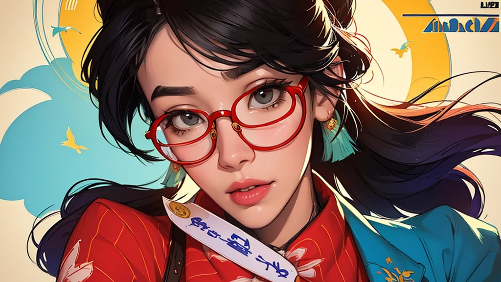 A beautiful portrait of juliachang in a whimsical and colorful circus setting, featuring intricate details and a retro aesthetic, glasses, created in the art style of Conrad Roset and Jeremy Lipkin.. ON LEFT WRITTEN SET IT REMIX