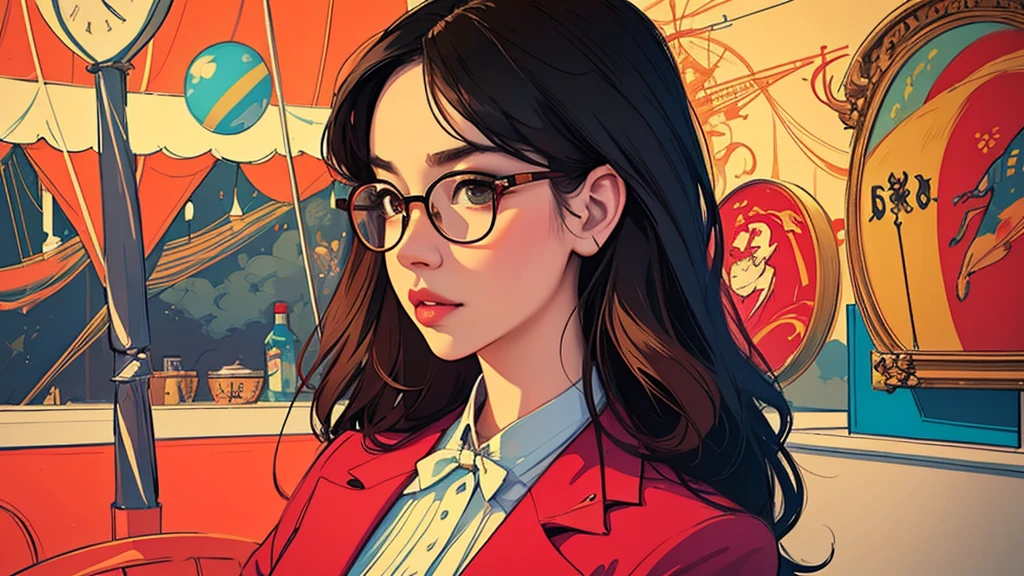 A beautiful portrait of juliachang in a whimsical and colorful circus setting, featuring intricate details and a retro aesthetic, glasses, created in the art style of Conrad Roset and Jeremy Lipkin.. ON LEFT WRITTEN SET IT REMIX