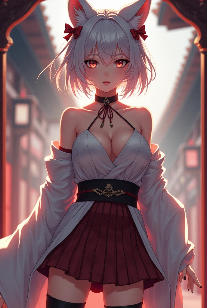beautiful detailed eyes, beautiful detailed lips, extremely detailed eyes and face, long eyelashes, 1 girl, anime, ff14 miqo'te, samurai, anatomically correct, wolf cut, slight exposure, westernized kimono, off-shoulder, knee-high socks, miniskirt, solo, (best quality,4k,8k,highres,masterpiece:1.2),ultra-detailed,(realistic,photorealistic,photo-realistic:1.37), cinematic lighting, elegant, intricate details, hyperrealistic, dynamic pose