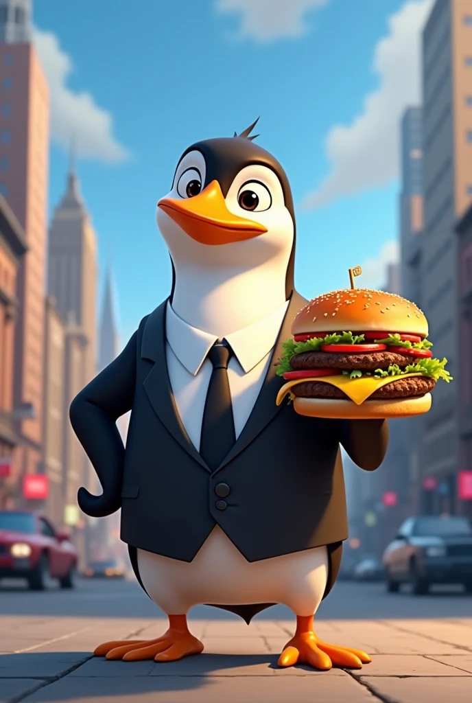 "Skipper, the leader of the penguins of Madagascar, with his black and white suit, holding a large cheeseburger in his right hand, looking straight ahead, Expression of satisfaction, cartoon style, New York City Background"