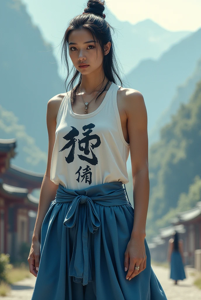 vestimentas: He wears very loose blue pants, which is loose and fluid, combined with a white tank top. The regatta must have stylized Japanese characters printed on it., possibly a mantra or a personal message, with a design that is both elegant and meaningful.
enviroment: The background can be a setting that complements your imposing presence., like an ancient battlefield, a mountainous landscape, or a traditional Japanese setting that enhances the character's aura.
expression: Your face should show a calm and controlled expression., but with a touch of determination, reflecting your wisdom and experience.