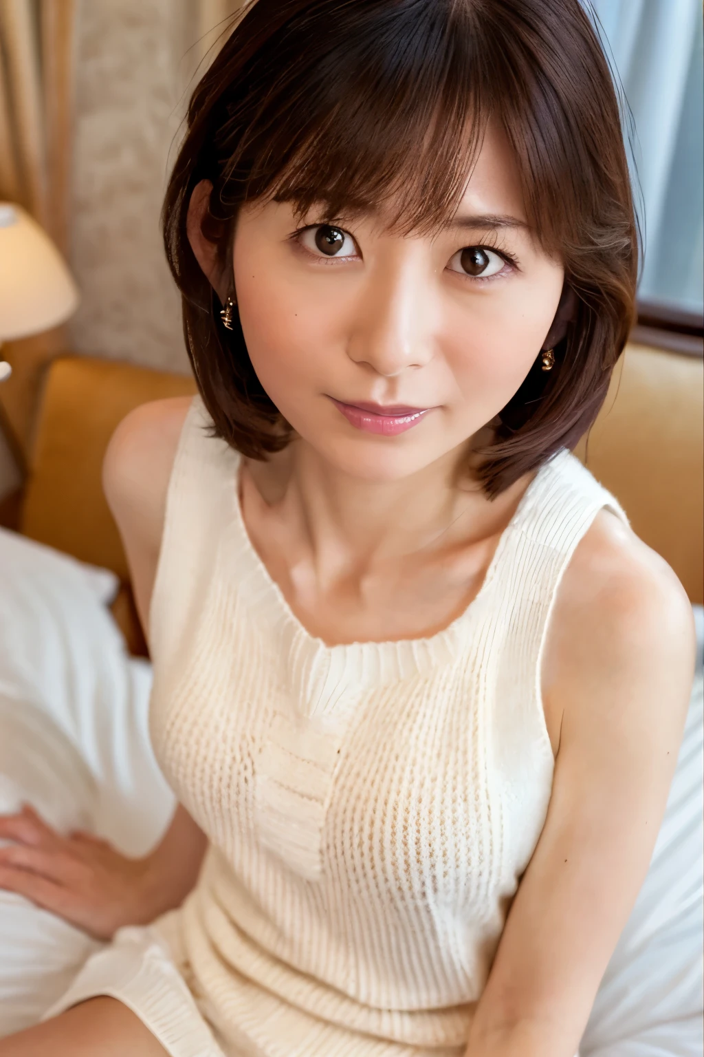 Masterpiece, High quality, Ultra-high resolution, 8K, Realistic, (Intricate details: 1.2), A Japanese woman, 40 years old, short hair, cute face, detailed face, beautiful eyes, detailed eyes, slender body, hourglass figure, anatomically correct body structure, (wearing a loose knit camisole next to the skin: 1.4), obscene pose, looking into the camera. a photo captured on a bed in a hotel room, white walls, Top view photo, full-body photo