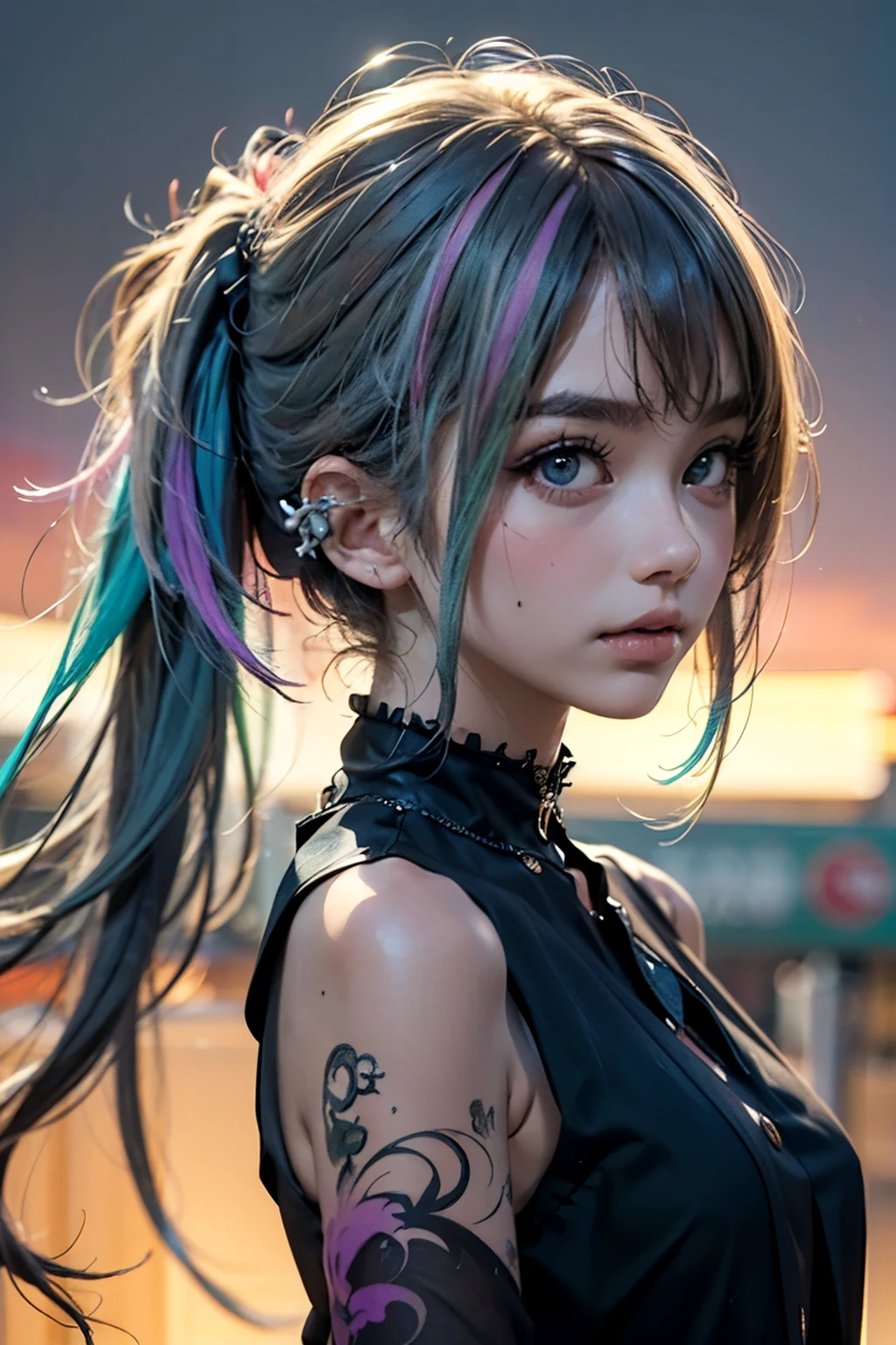 (punk girl:1.4), trout hair style, beautiful symmetrical eyes, (Gorgeous gradient hair:1.5), (intricate details:1.2), (very detailed face and eyes:1.2), Simple and erotic style, what makeup, (dark circles:1.1), Midnight Aura, train station, detailed background, pose for a photo, side view, full body photo, (delicate image), (RAW photos: 1.2), (realistic: 1.6), (very detailed), (high resolution), (best quality), (masterpiece)
