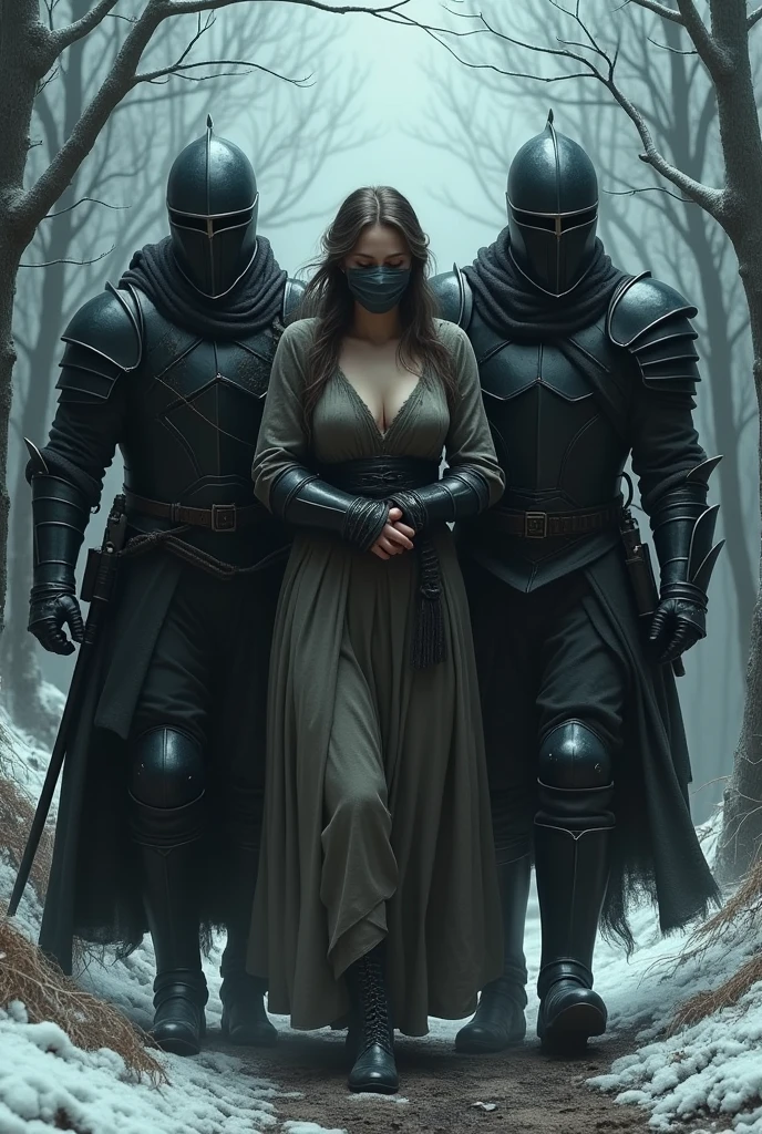 The image shows a scene with a woman being escorted by two armed men in medieval-style armor. The woman is gagged, with her hands bound in front of her, and she is being held on either side by the men. The men are wearing dark, heavy armor with masks covering their faces. The setting appears to be a forested area with bare trees, suggesting a colder season. The scene gives a sense of captivity or abduction.







