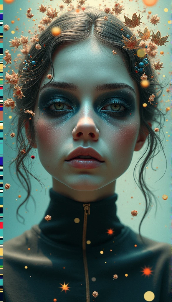 Create a surrealist digital art piece depicting a woman without eyes, with a theme inspired by Mercury retrograde. Incorporate a dispersion effect, glitch, and distortion elements to give the artwork a unique and special quality. The final piece should resemble a state-of-the-art NFT art."