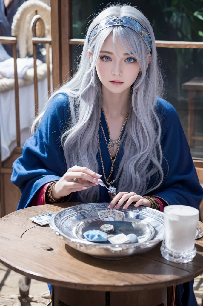 Fortune teller with tarot、woman、Silver Hair、Blue Eyes、A long-haired Scottish is next to me