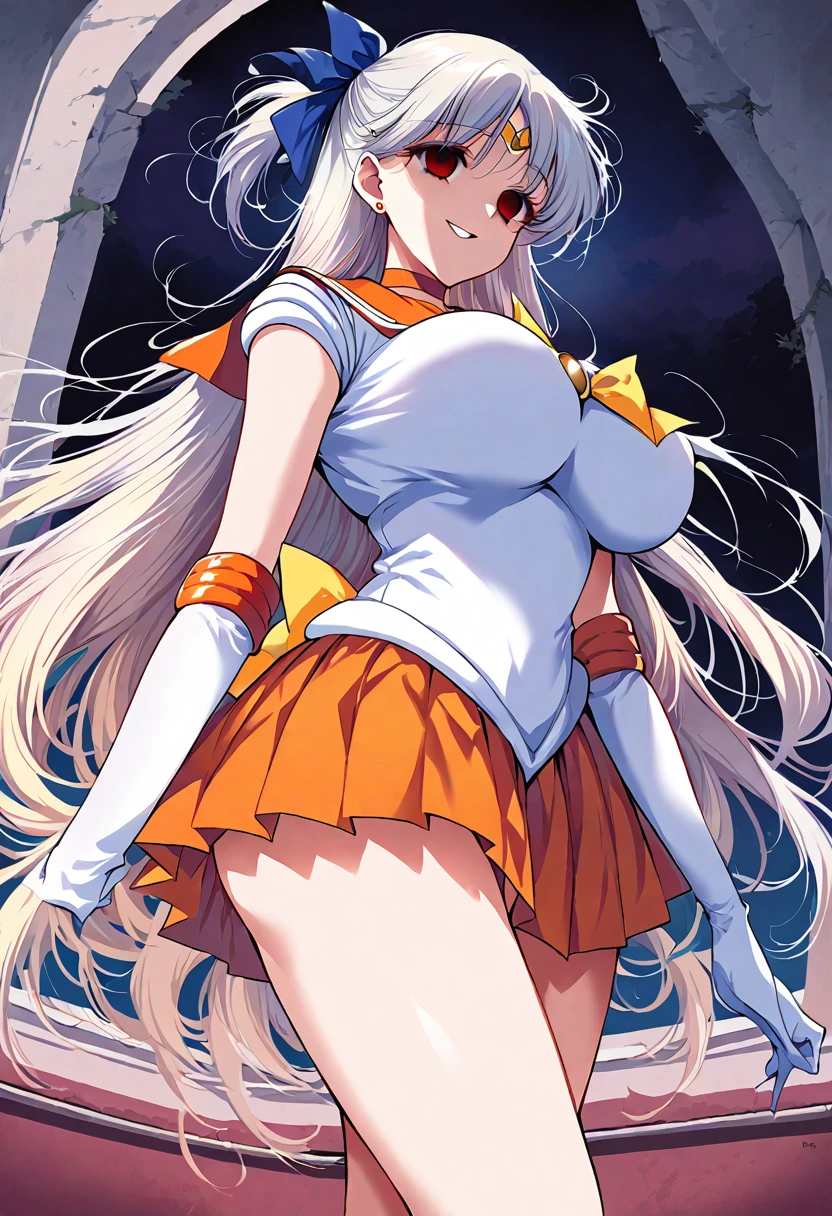 (masterpiece, Highest quality, so beautiful, Very detailed), Intricate details, 12k, Honestly,Awe-inspiring, Long Hair, Blonde, Hair Ribbon, tiara, Earrings, blue eyes, Orange Choker, Orange sailor collar, Blue ribbon, White shirt, Elbow hand pockets, White gloves, Pleated skirt, Orange Skirt, barefoot, Are standing, Cowboy Shot,,(Wicked Smile:1.2), One person,(Silver Hair:1.4),(empty eyes,:1.4),From below,Watching the dawn,Dark aura,View your audience,(Big Breasts:1.2),(red eyes:1.2),