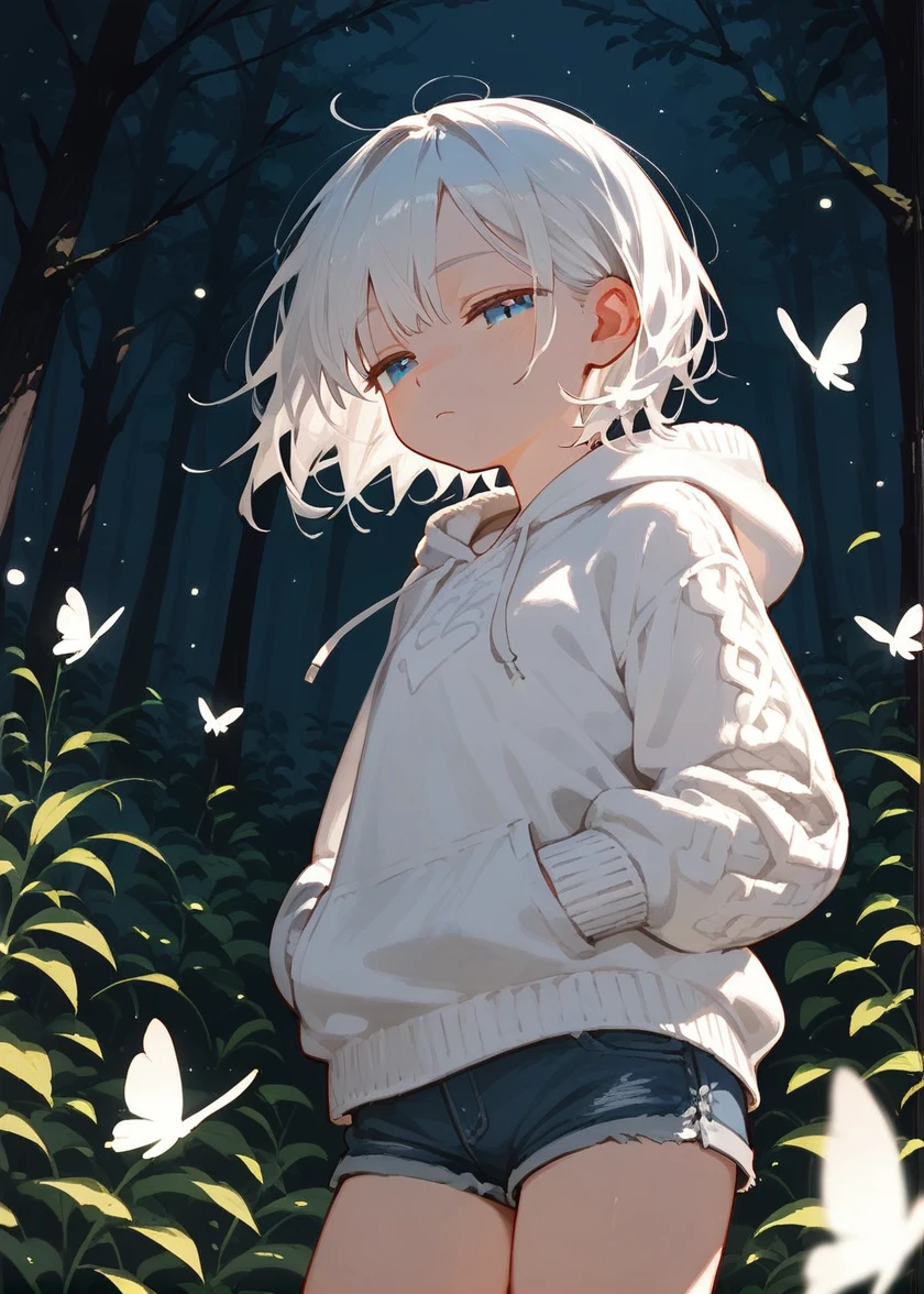 score 9, score 8 up, score 7 up, , young girl, grassland, dark background, night, forest, 
White hair, blue eyes, half-closed eyes, emotionless, Jean shorts, white sweater hoodie, medium shot