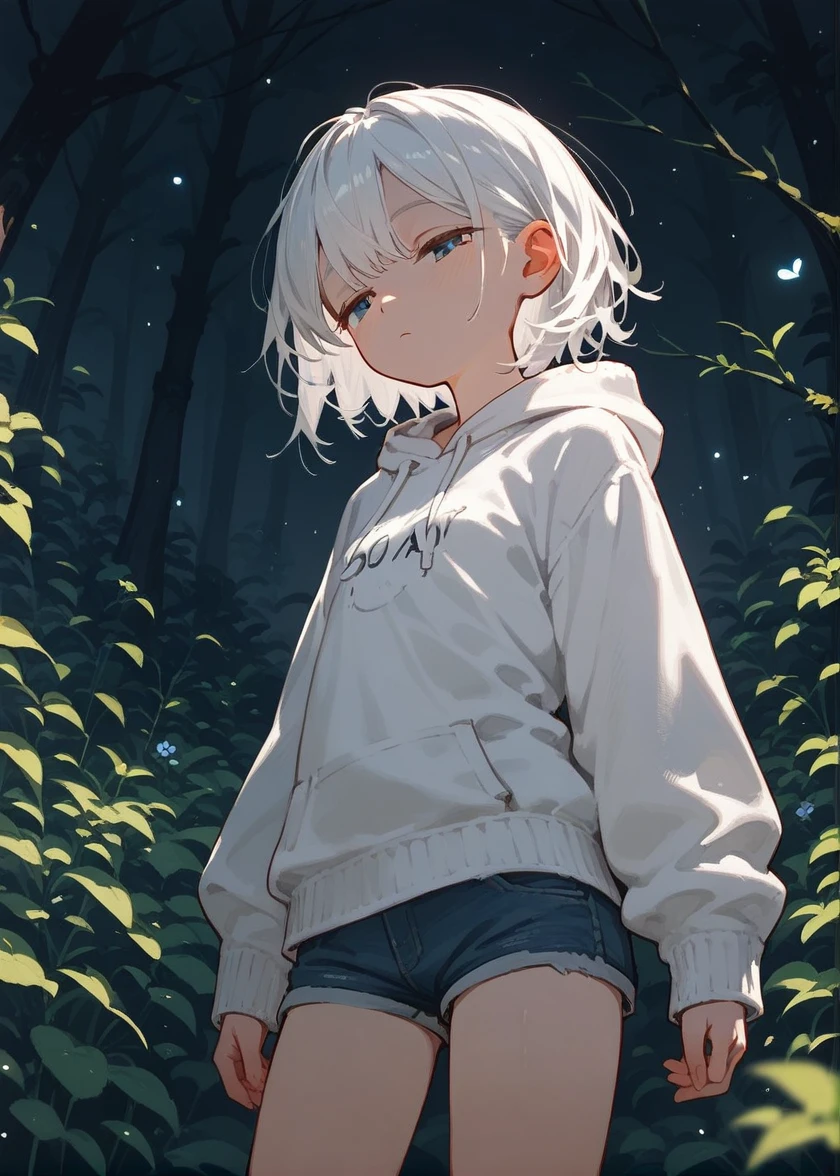 score 9, score 8 up, score 7 up, , young girl, grassland, dark background, night, forest, 
White hair, blue eyes, half-closed eyes, emotionless, Jean shorts, white sweater hoodie, medium shot