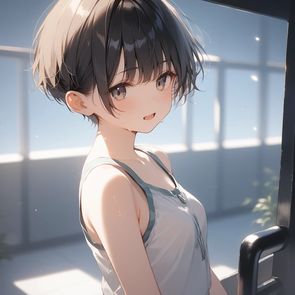 score_9, score_8_up, score_7_up, source_anime, best quality, masterpiece, official art, absurdres, highres, ultra-detailed,waifu2x,Collection: Slice of Life,break,1girl, short hair, pixie cut, flipped hair, small breasts, beautiful (well-shaped) breasts,beautiful detailed eyes, sweat, gym shorts, (wavy mouth:0.3), open mouth, outdoors, (Detailed Lighting), (Detailed background),break,(clear line illustration:1.2), super detailed skin,very high resolution, very aesthetic, Best sexual lighting powered by famous artist, 8k, 16k, cute picture,beauty illustration,photoshop_(medium),,(Detailed Lighting),best anime 8k konachan wallpaper, pixiv contest winner,