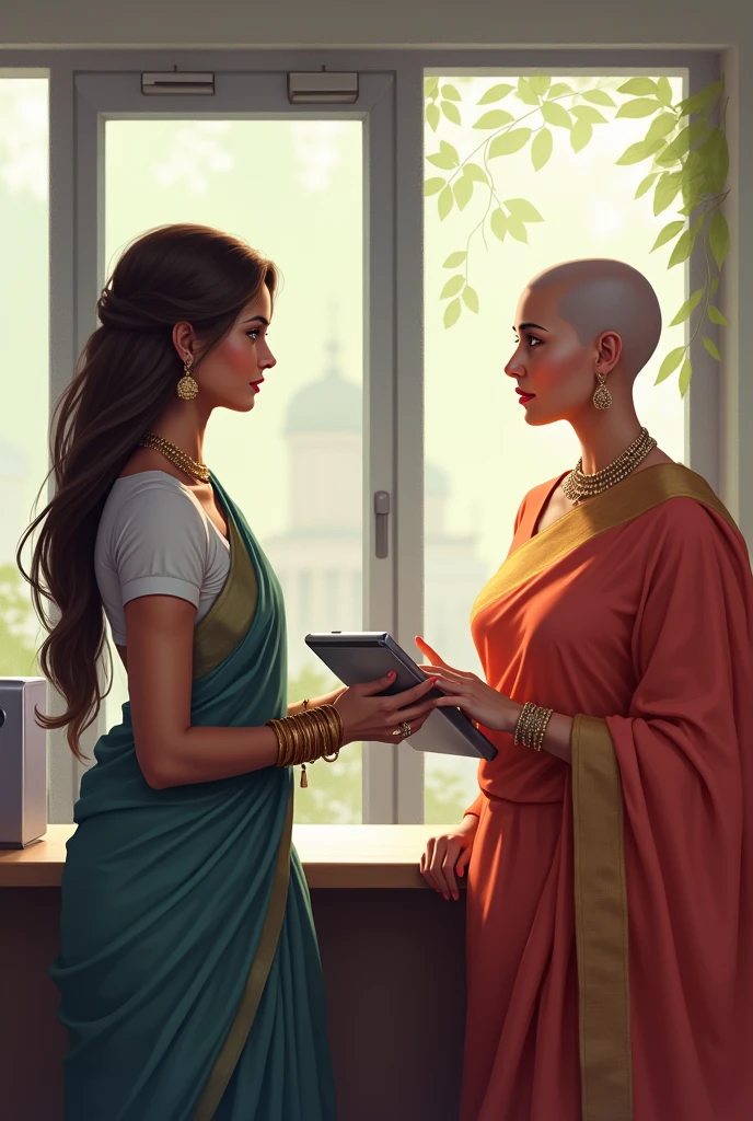 a beautiful lady standing inside the counter and speaking with another bald lady she hold a Tab one of the lady in saree