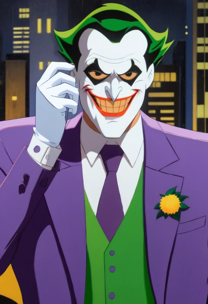 anime artwork of  In Gotham City a cartoon joker with a tie and a purple suit Batman The Animated Series Style, anime style, key visual, vibrant, studio anime,  highly detailed