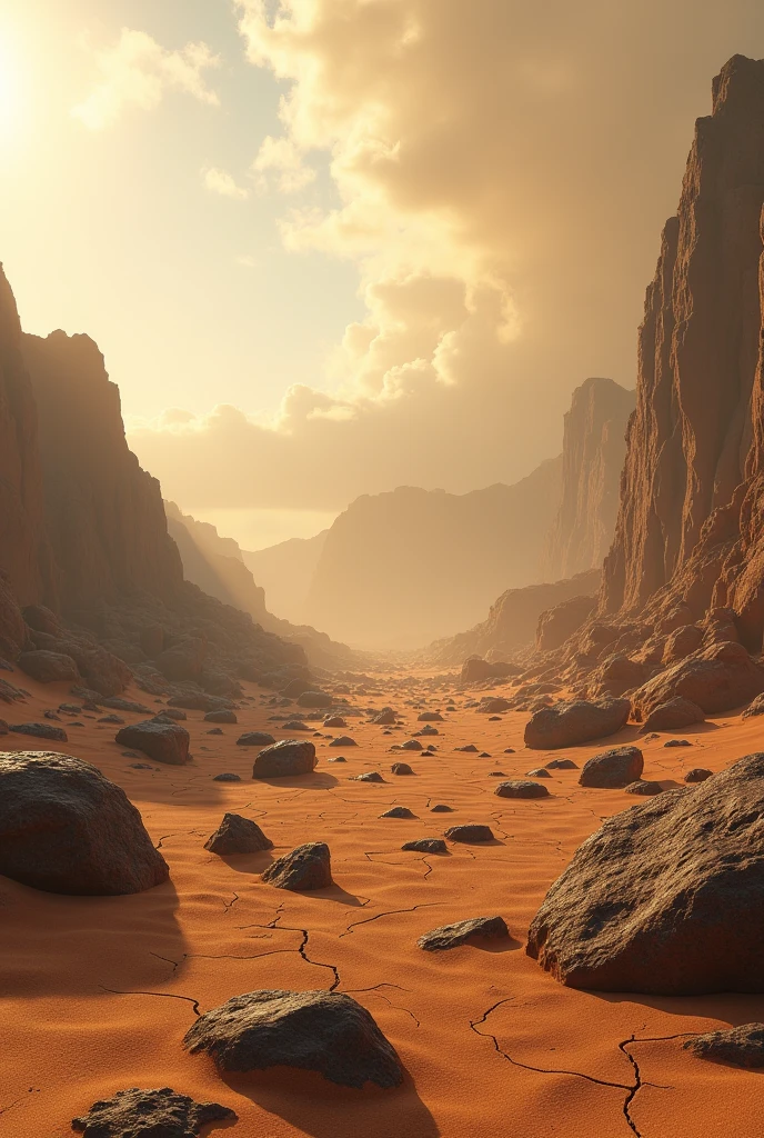 a dramatic landscape with scattered rocks in a sandy terrain, realistic global illumination, nvidia rtx iray, impactful climate change, highly detailed, photorealistic, 8k, hdr, cinematic lighting, volumetric fog, dramatic sky, warm color tones