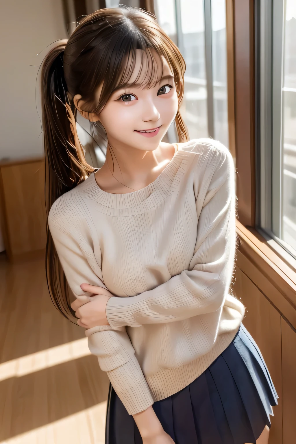 Create a hyper-realistic, ultra-high-resolution portrait of a young Japanese girl standing alone in a classroom. The image should focus on her face with a soft light that highlights the fine details, particularly the sparkling light in her eyes. She has a beautiful face with realistic human skin textures, captured in a RAW photo style. She is wearing a high school uniform and has her hair tied in a ponytail. She is holding a small box and is smiling warmly. The image should be full-body, showing her standing straight. The overall atmosphere should feel natural and authentic, emphasizing the high level of detail in her facial features and the texture of her skin.