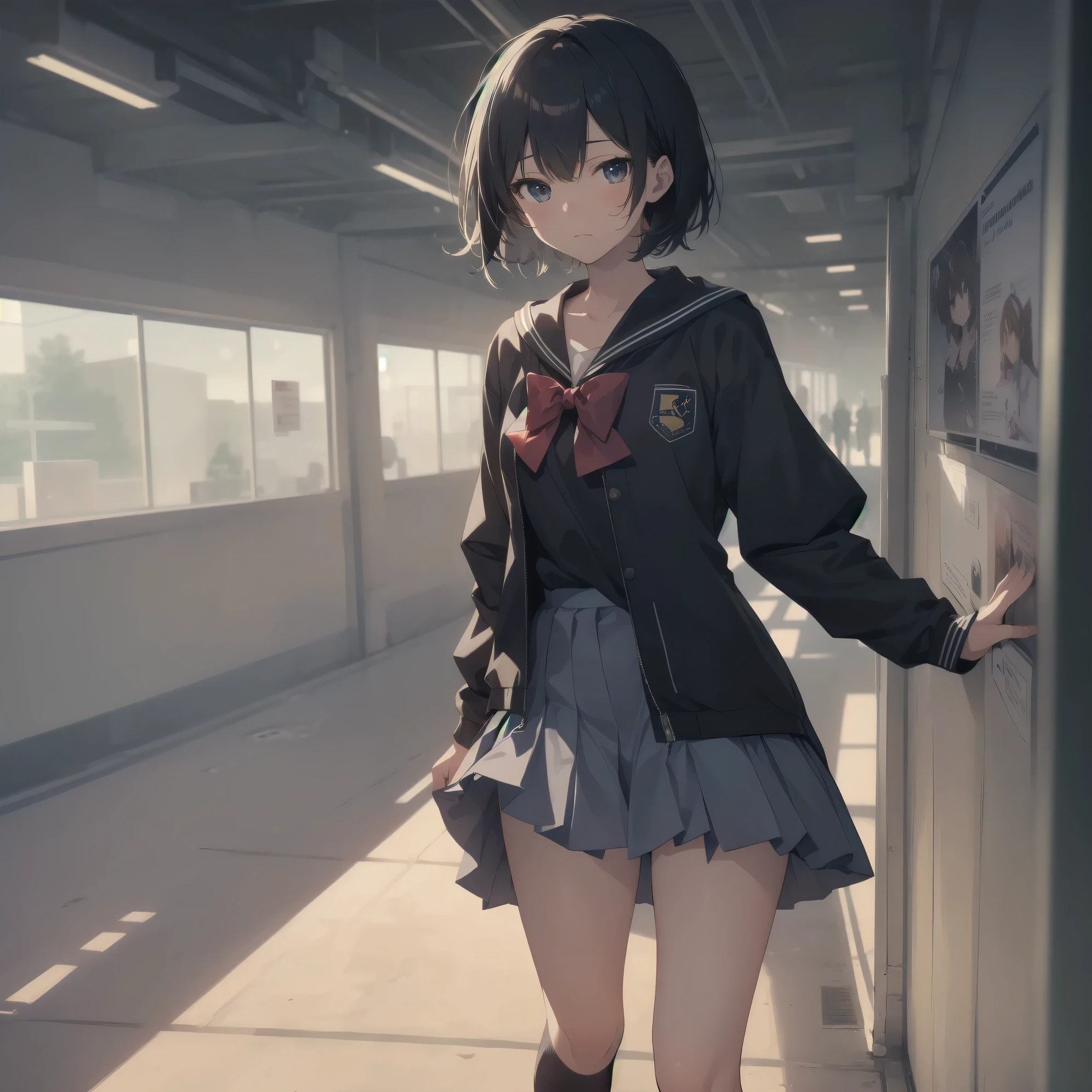ultra-absurdres-Top quality by artist God, ultra-detailed, high resolution, anime moe artstyle, best anime 8k konachan wallpaper, pixiv contest winner, pool:2810, perfect anatomy,break, 1girl, (Please draw a girl walking sleepily to school alone. )break,(Solo,little female, 13-year-old:1.3),Full limbs, complete fingers,a junior high school student, (very short hair), short cut, flat chest, , small butt, small black eyes, beautiful detailed eyes, well-proportioned iris and pupils, expressive eyes, highres detailed hair, soft expression, salor school_uniform, sailor collar, serahuku, bow, pleated skirt,(Detailed Lighting), (Detailed background), in the School commute route. break,super detailed skin, Best cinematic lighting powered by famous artist, 8k,beauty illustration,photoshop_(medium),very aesthetic,break,((artist:shimazaki_mujirushi )), artist:clamp ,artist:carnelian ,artist:kantoku ,