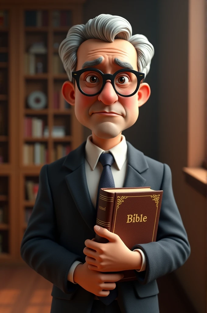 Cartoon character of a man with black glasses and formal dress,about 50 year old,gray hair, with a bible on his right hand, animation character, stylized character, animation style rendering, 3d stylized, Arnold Maya render, 3 d render stylized, toon render keyshot, 3d character, 3d character, 3d rendering stylized, 3 d character render, cartoon character, Close up character, Character pose, (Pixar style) (master part:1.2) (Bokeh) (best quality) (detailed skin) (detailed texture) (8k) (clay) (Cinematic lighting) (sharp focus)