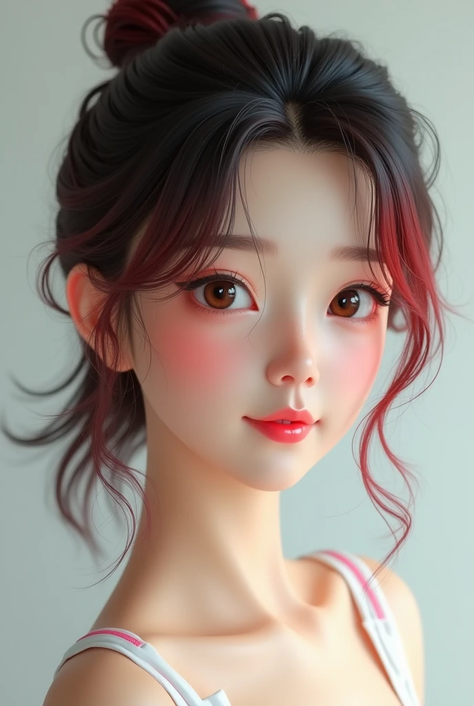 ((hyper detailed)) realistic, 1 female, female face, with red and black hair color, cute and beautiful, focus detailed eyes, lips and nose, short hair, tied, very korean look,((rendered in blender)), ((show only head and neck)), ((floating)), ((3d Work in progress)). ((3d style)) wide view camera